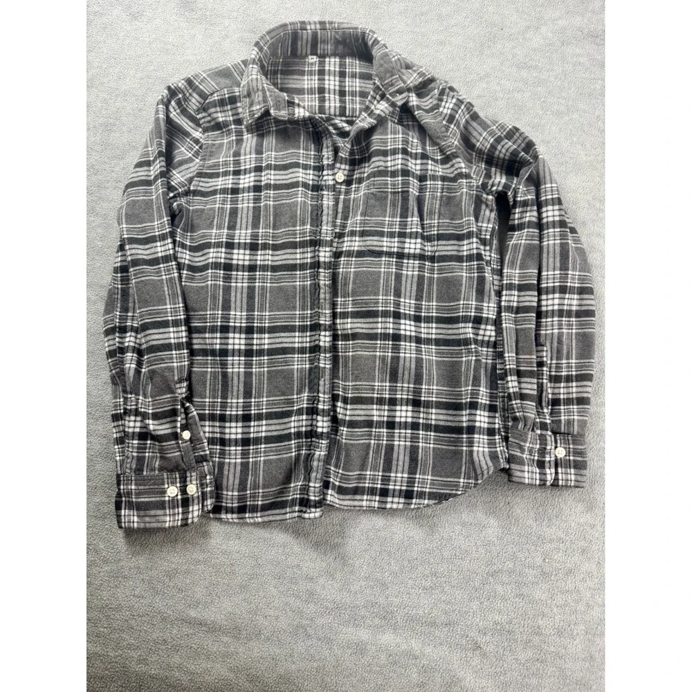 Grey Plaid Flannel Button Down Shirt Back Crush Graphic Patch Long Sleeve Small‎